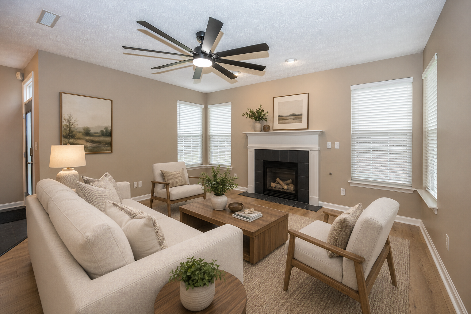 Warm modern staged great room